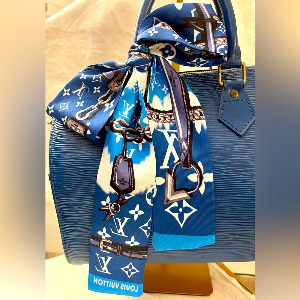 Blue Monogram & Chains Print Twilly Bandeau Wrap Scarf - Picture 2 of 3